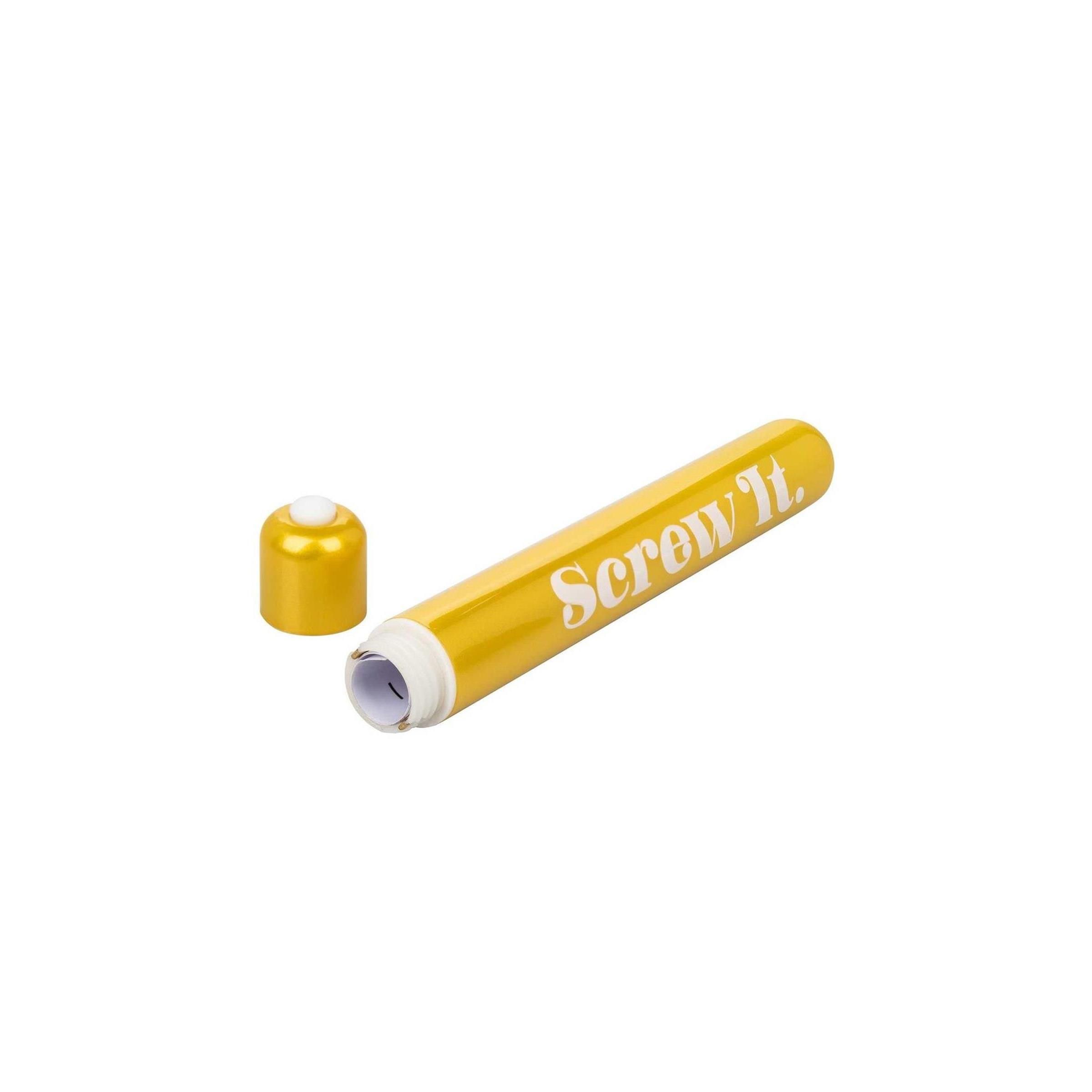 Gelber Vibrator mit abgenommenem Deckel. Aufschrift "Screw It". Zylindrische Form.