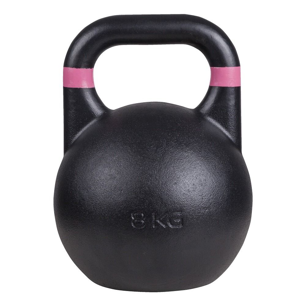Schwarze Kettlebell mit pinkfarbenem Akzent am Griff. Gewicht: 8 kg. Kugelförmig mit Griff.