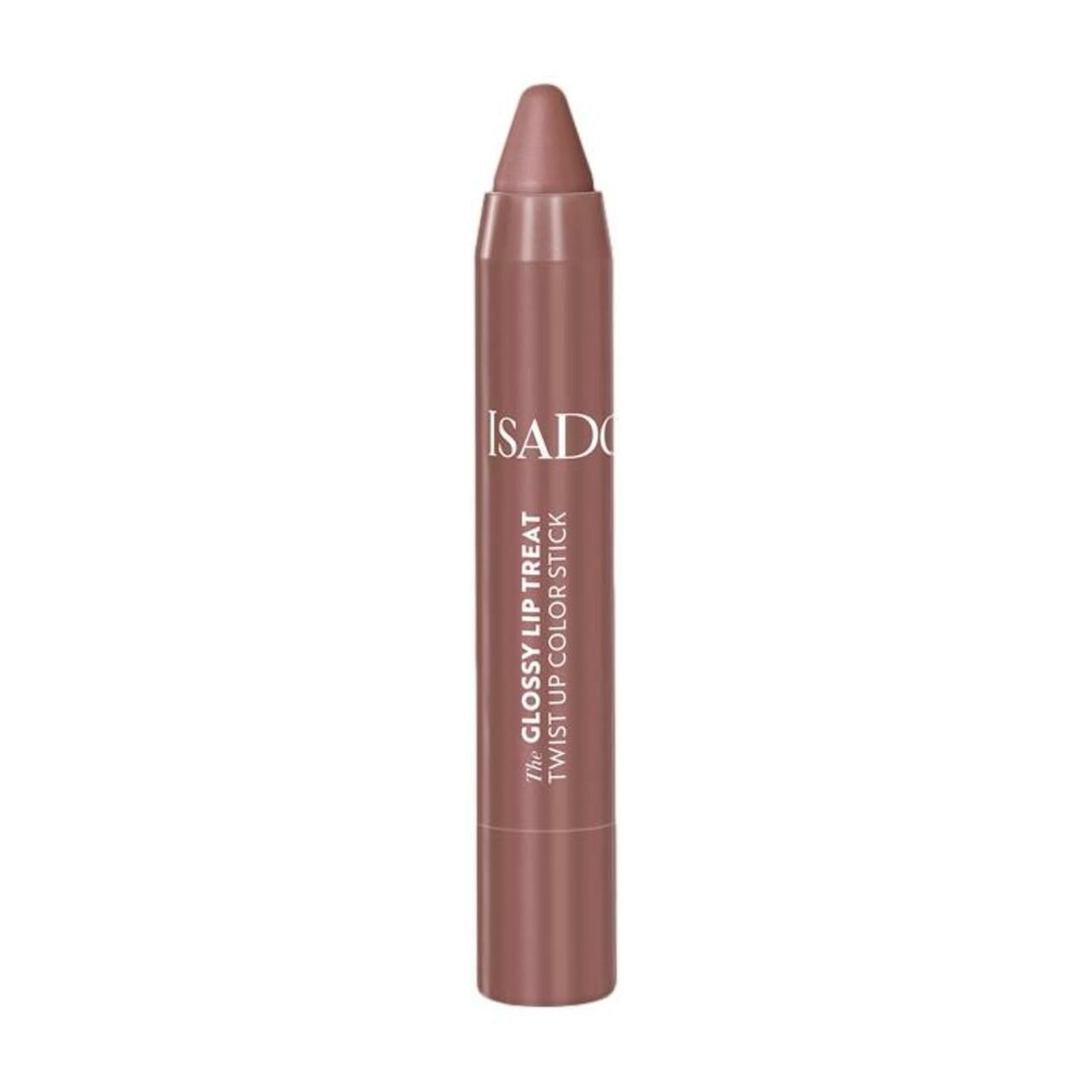 Lippenstift in Stiftform. IsaDora-Logo und Produktname. Farbton: Rosa-Braun. Glänzendes Finish. Aufschrift: The Glossy Lip Treat Twist Up Color Stick.