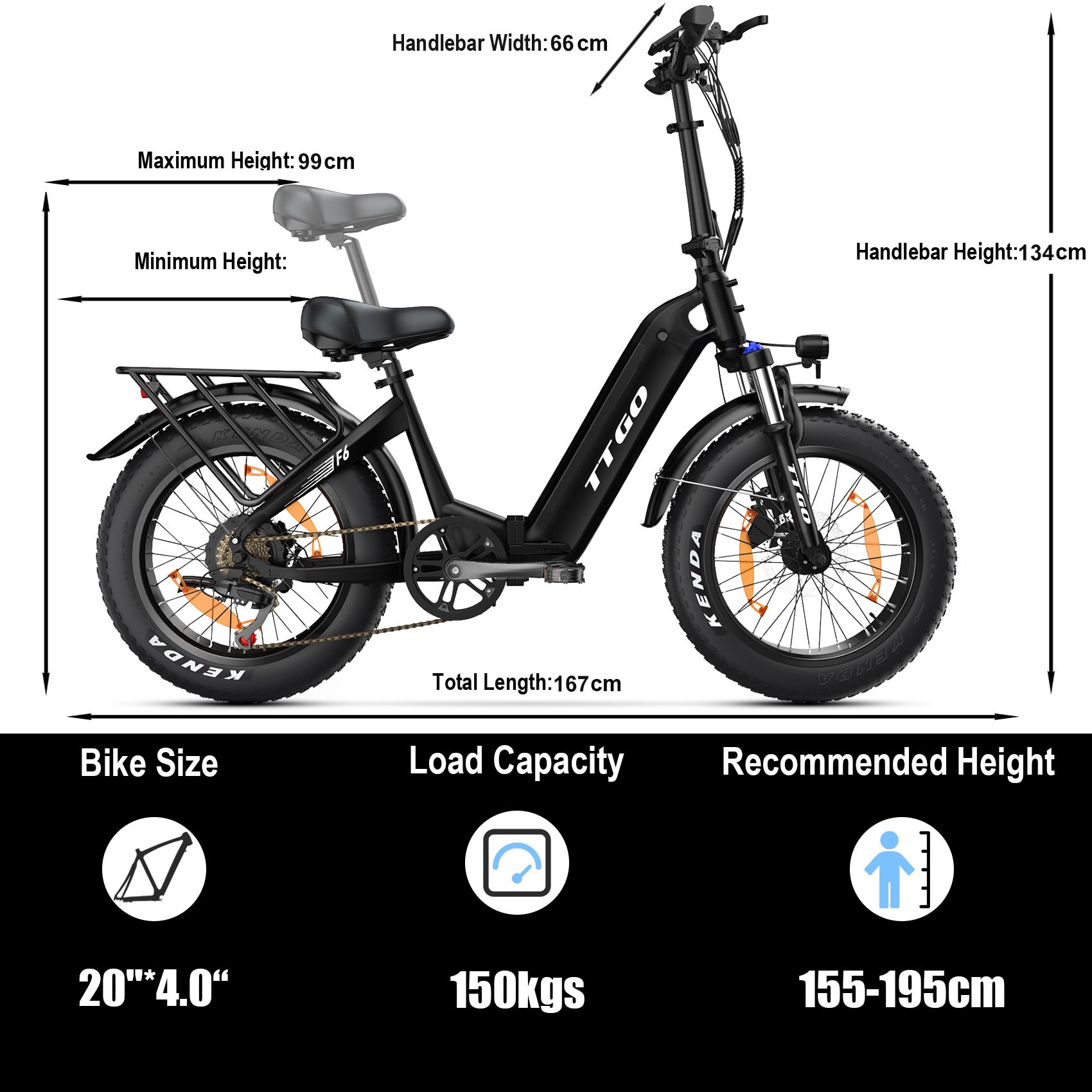 Faltbares E-Bike, schwarz. Abmessungen: 167 cm lang, Lenker 66 cm breit, Höhe 99-134 cm. Tragfähigkeit 150 kg. Empfohlene Körpergröße 155-195 cm.