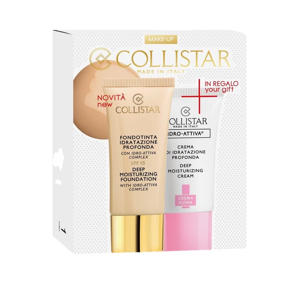 Doppelpack Collistar Foundation. Zwei Tuben in einer weißen Verpackung. Aufschrift: Deep Moisturizing Foundation, SPF 15, IDRO-ATTIVA COMPLEX.