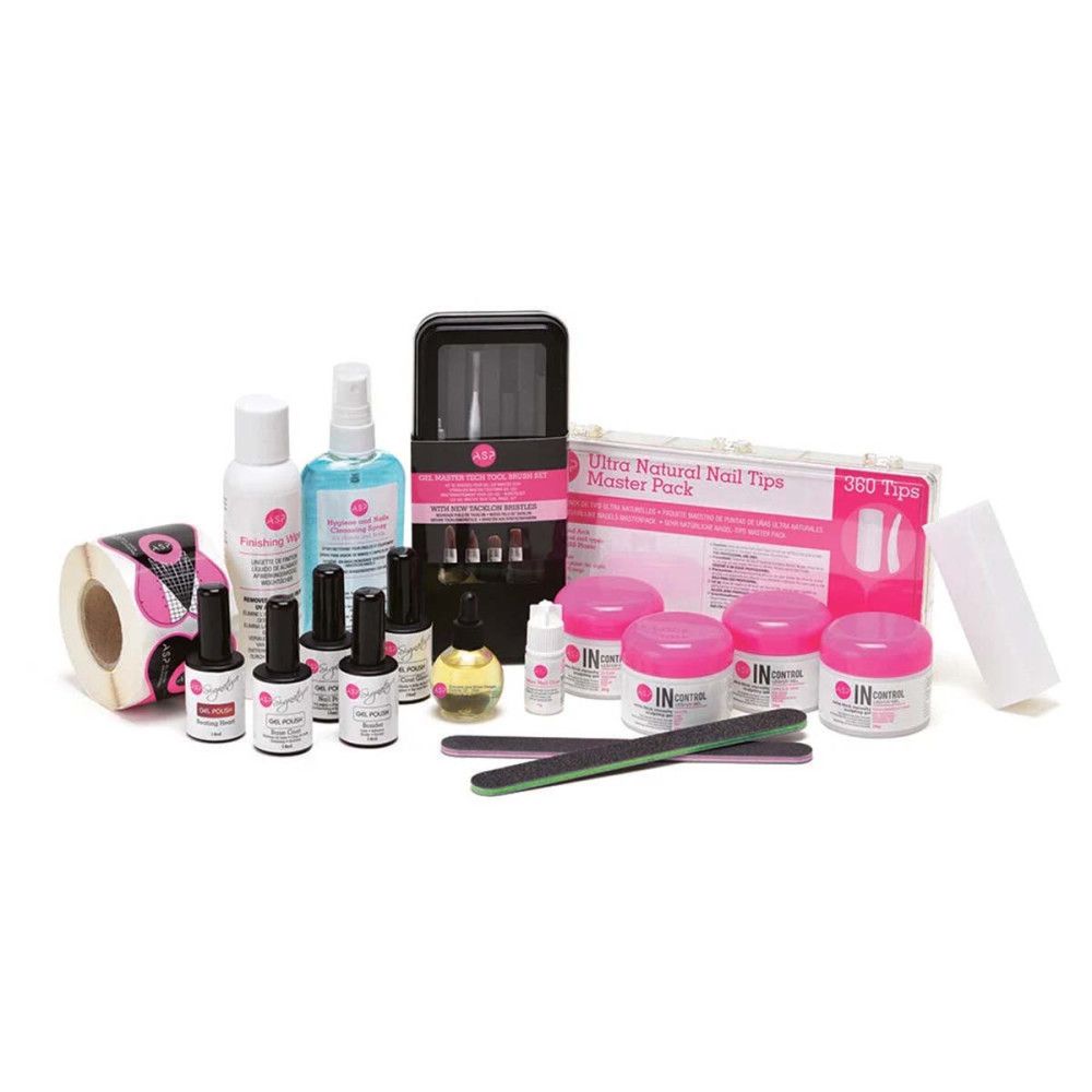 Set mit verschiedenen Flaschen, Tiegeln, Feilen und Zubehör. Aufdruck: IN CONTROL. Verpackung mit Natural Nail Tips.