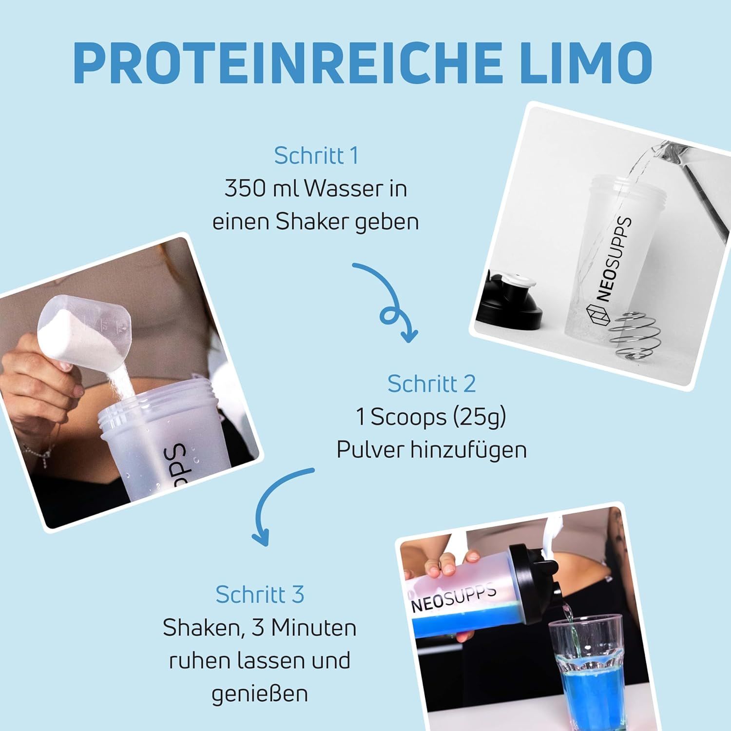 Anleitung zur Zubereitung eines Getränks mit "Clear Isolate"-Pulver in einem Shaker. Drei Schritte werden gezeigt.