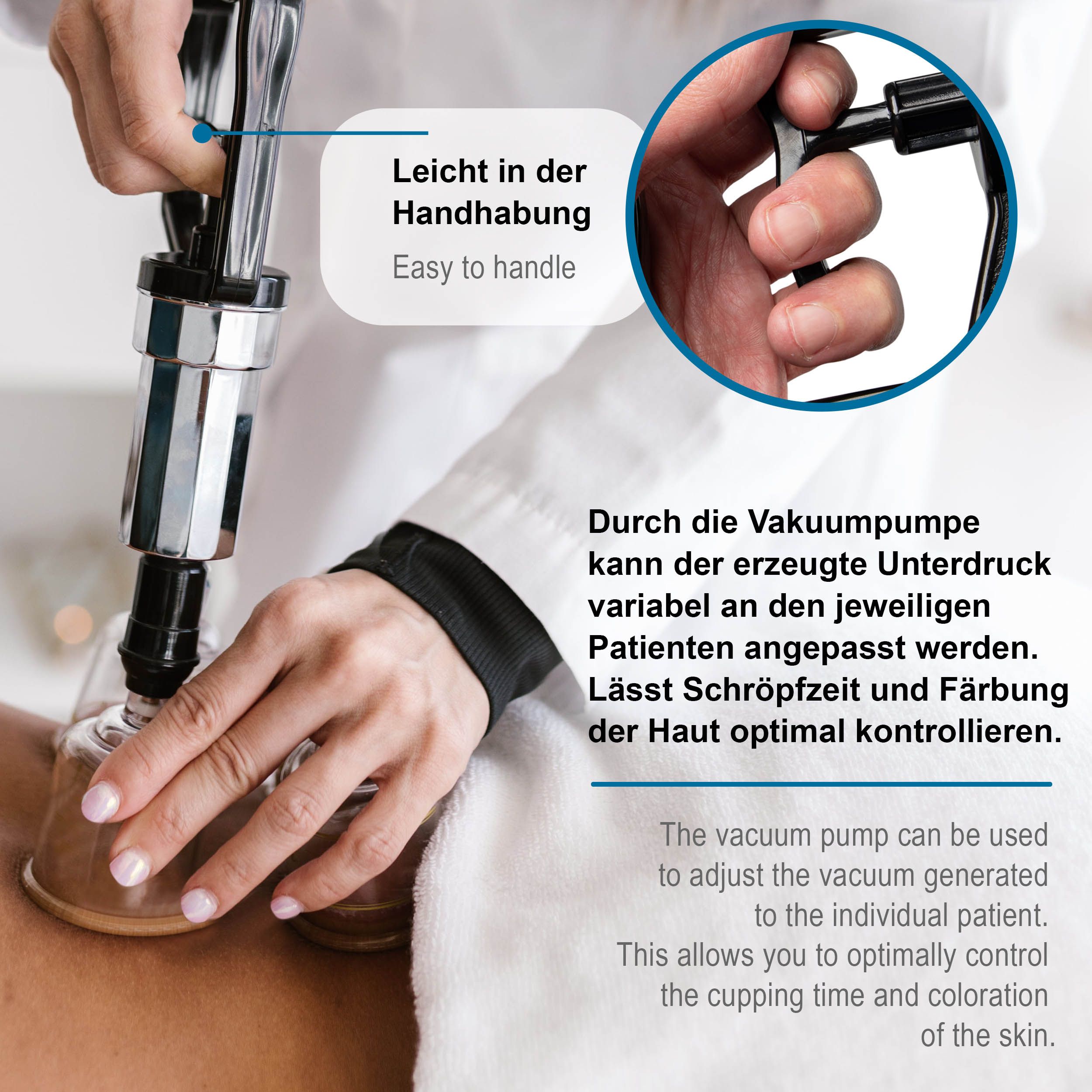 Person hält Vakuum-Pumpe. Text: Durch die Vakuumpumpe kann der erzeugte Unterdruck variabel angepasst werden.