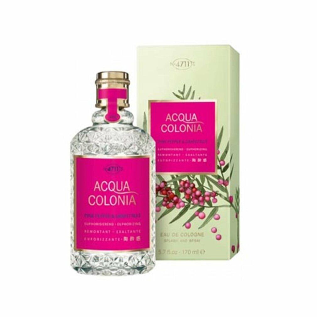 Flakon und Verpackung. Flakon mit pinkfarbenem Etikett. Verpackung mit floralem Design. Text: Acqua Colonia, Pink Pepper & Grapefruit.