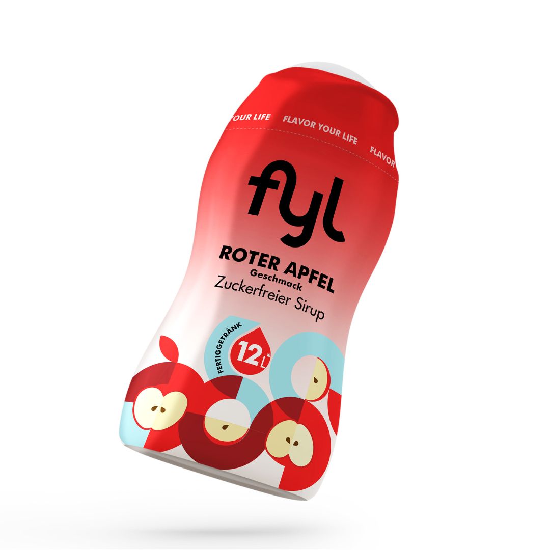 Flasche "fyl Roter Apfel" mit rotem Deckel, weißem Etikett und Apfel-Illustrationen.