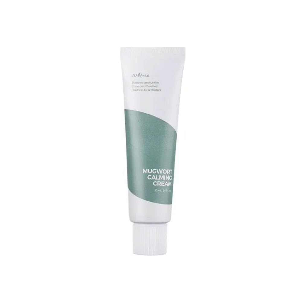 Creme-Tube mit weißem Hintergrund. Aufschrift: Mugwort Calming Cream. Grün-weiße Farbgebung. Marke: Isntree.