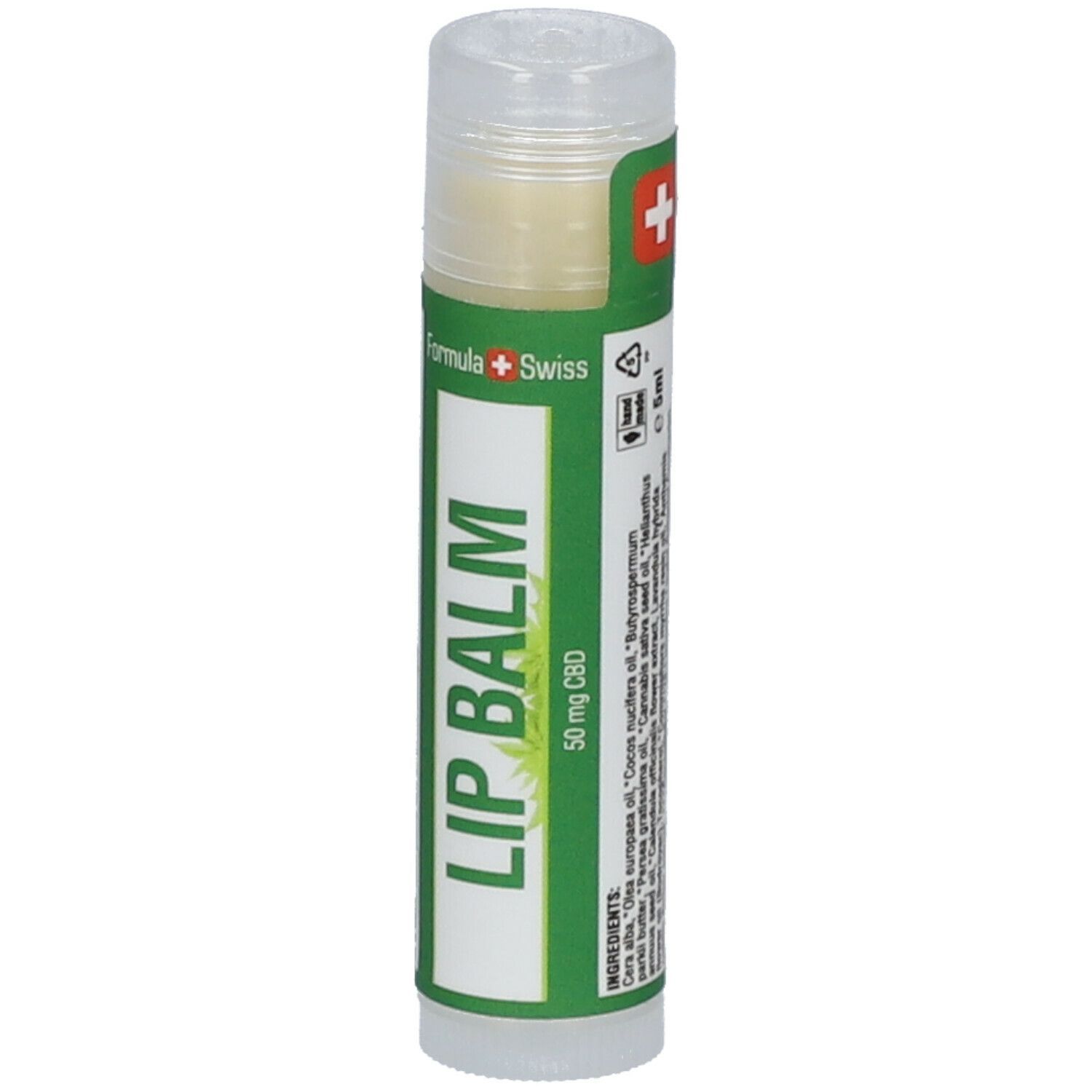 Lippenbalsam-Stift mit grünem Aufkleber. Text: LIP BALM, 50 mg CBD. Schweizer Kreuz.