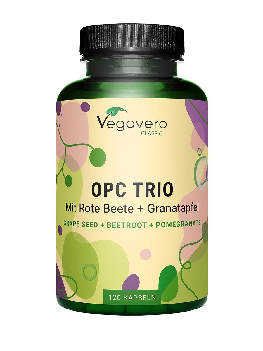Grüne Flasche mit schwarzen Deckel. Aufschrift: Vegavaro Classic OPC Trio. Mit Rote Beete + Granatapfel. 120 Kapseln.