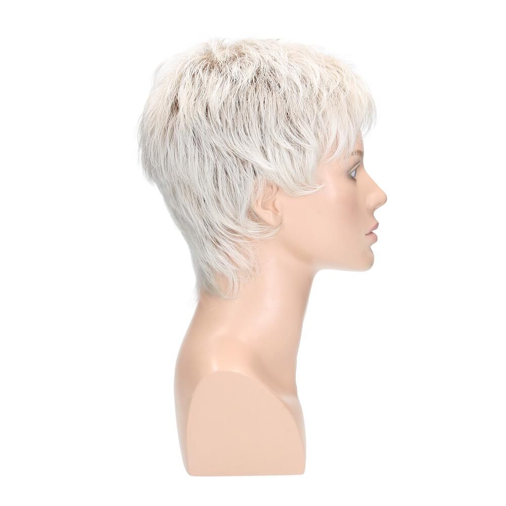 Perücke Lynn von trendhair in Weißer Sand, dunkler Ansatz. Profilansicht der blonden Kunsthaarperücke auf einem Schaufensterkopf.