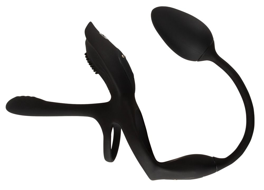 Schwarzes Wellness-Produkt mit Ringform, gebogenem Teil und ovalem Aufsatz. Die Oberfläche ist glatt, mit einer strukturierten Zone.