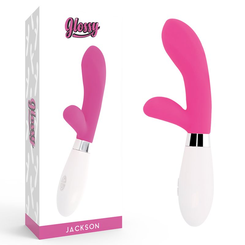 Verpackung mit pinkfarbenem Vibrator. Auf der Verpackung steht "Glossy" und "Jackson".