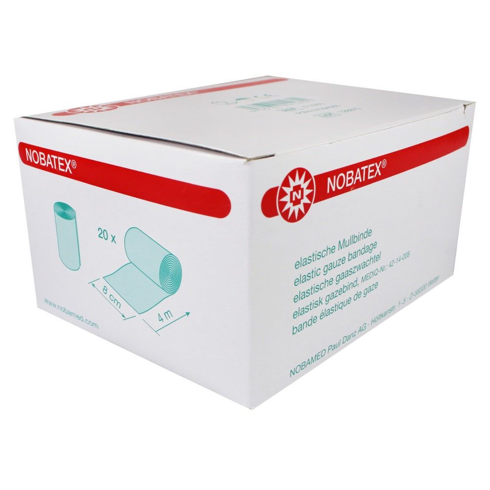 Weiße Verpackung mit roter Aufschrift NOBATEX. Abbildung von Mullbinden. Text: elastische Mullbinde, 8 cm x 4 m. 20 Stück.