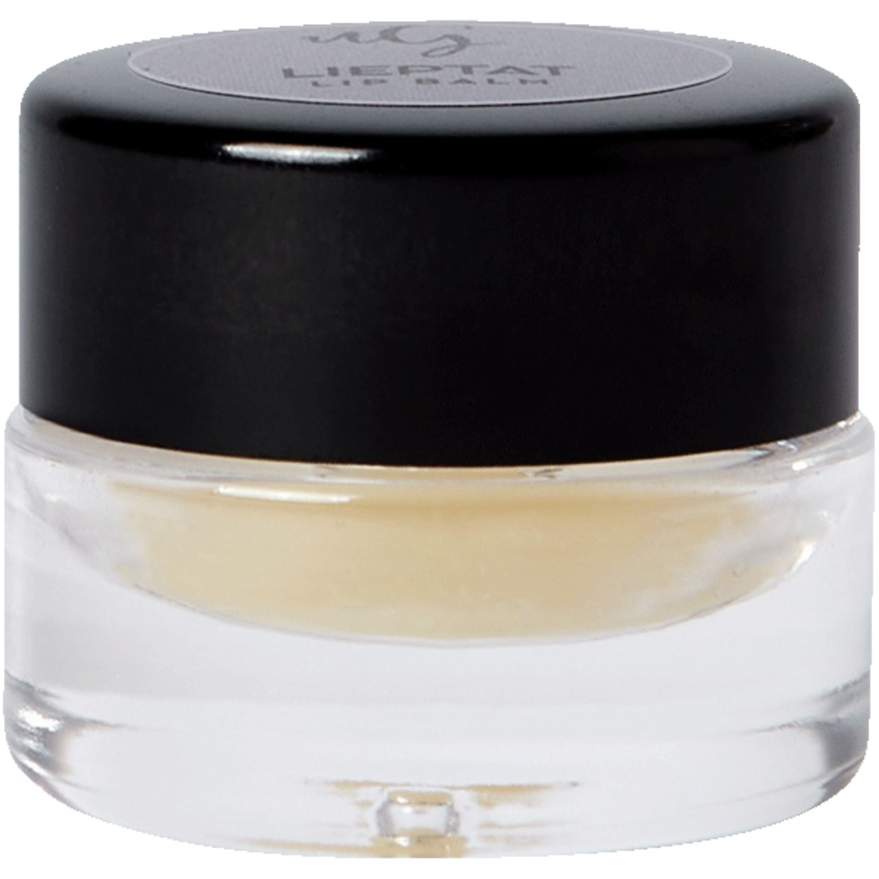 Lippenbalsam in einem transparenten Glasbehälter mit schwarzem Deckel. Auf dem Deckel steht "LIEPTAT LIP BALM".