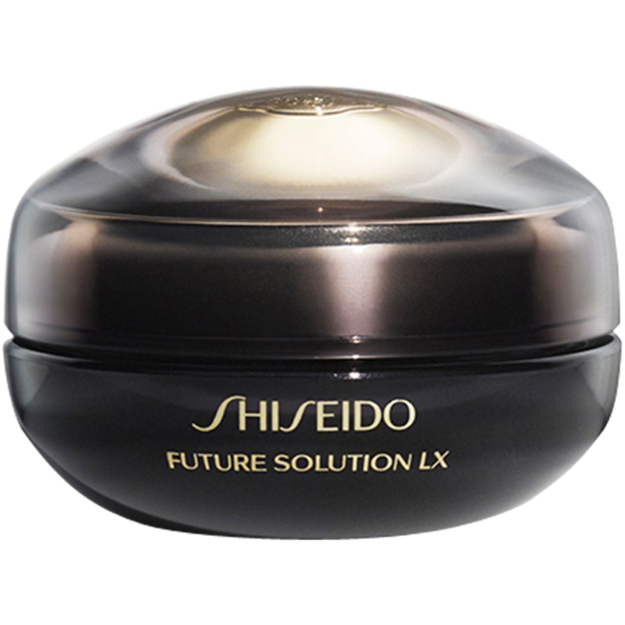 Schwarzer Tiegel mit goldfarbenem Deckel. Aufschrift: SHISEIDO FUTURE SOLUTION LX.