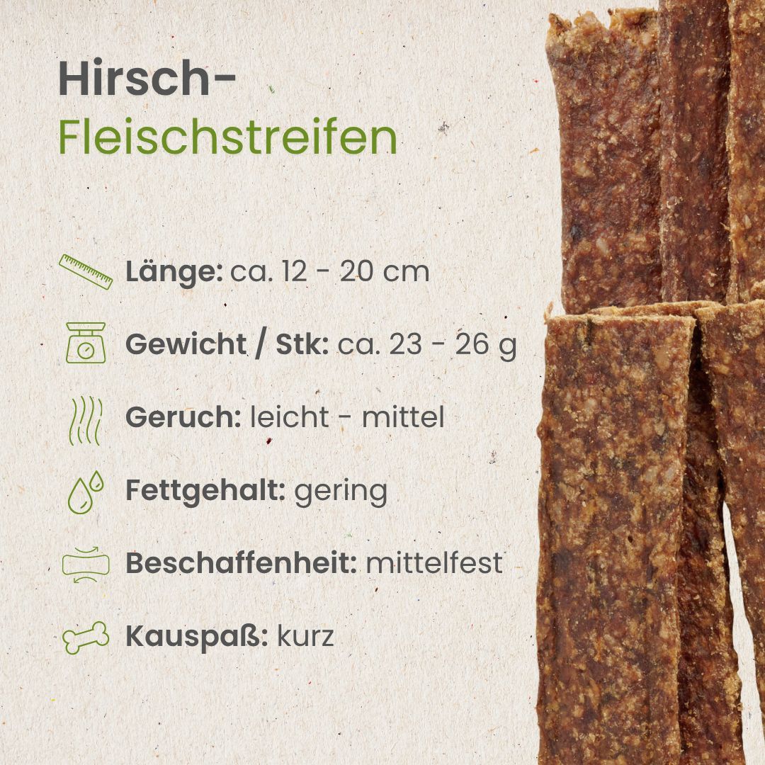 Hirschfleischstreifen Kauartikel: 12-20 cm lang, 23-26g. Mittelfeste Beschaffenheit, kurzer Kauspaß.