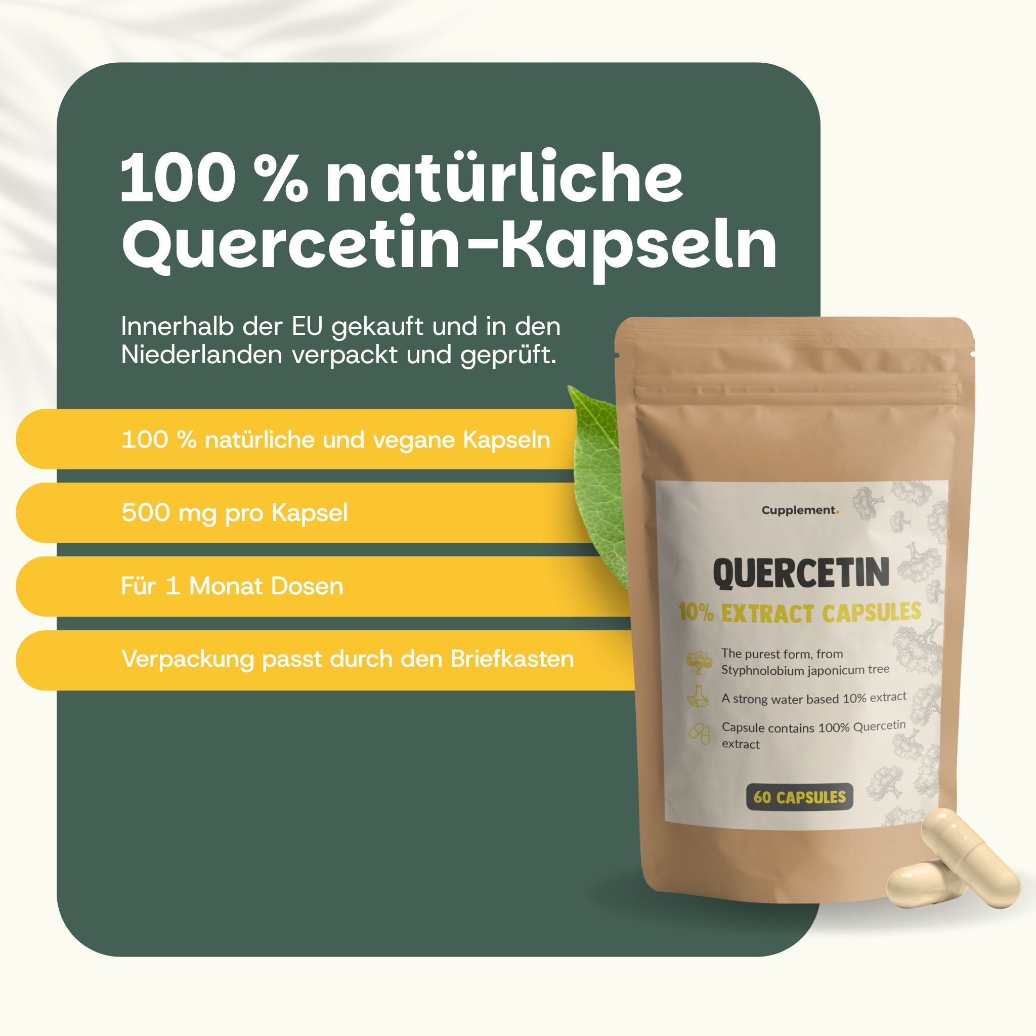 Beutel mit Quercetin-Kapseln. Text: Quercetin 10% Extract Capsules, 60 capsules. Zwei Kapseln daneben.