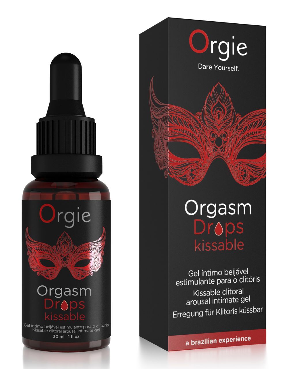 Schwarze Verpackung und Flasche. Rotes Maskenmotiv und Schriftzug "Orgie Orgasm Drops kissable". Flasche mit Pipette, daneben die Verpackung.