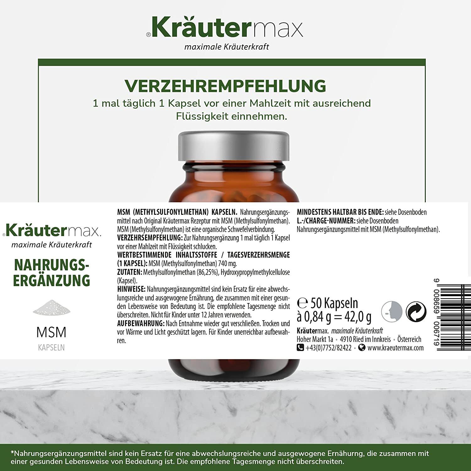 Kräutermax MSM (Methylsulfonylmethan) 740 mg Kapseln
