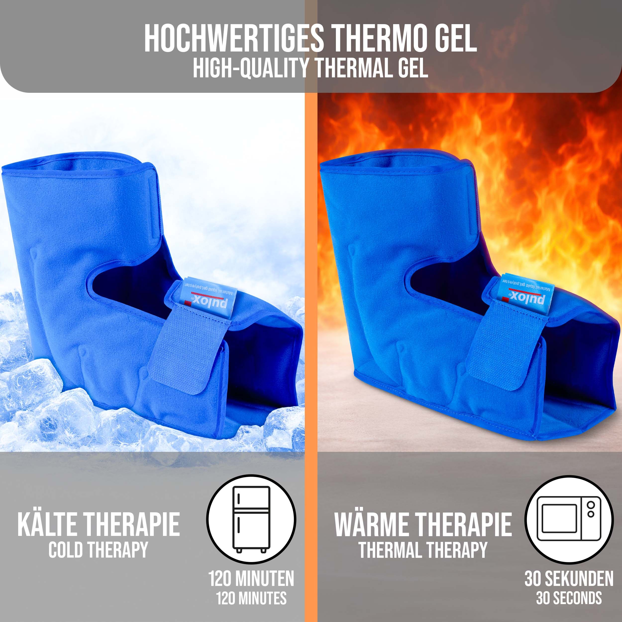 Zwei blaue Manschetten, eine auf Eis, eine in Flammen. Beschriftung: "Hochwertiges Thermo Gel". Beschriftungen: Kältetherapie, Wärmetherapie, 120 Minuten, 30 Sekunden.