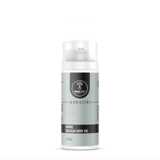 Weißer Spender mit schwarzem Etikett. Aufschrift: Bionic Dolosan Body Gel. Logo: Baum. 100ml.