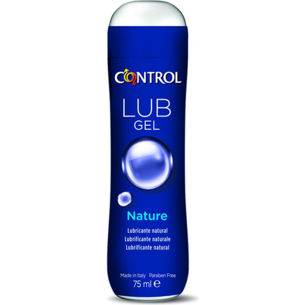 Blaue Flasche mit weißem Deckel. Aufschrift: CONTROL LUB GEL Nature. 75 ml. Hergestellt in Italien.