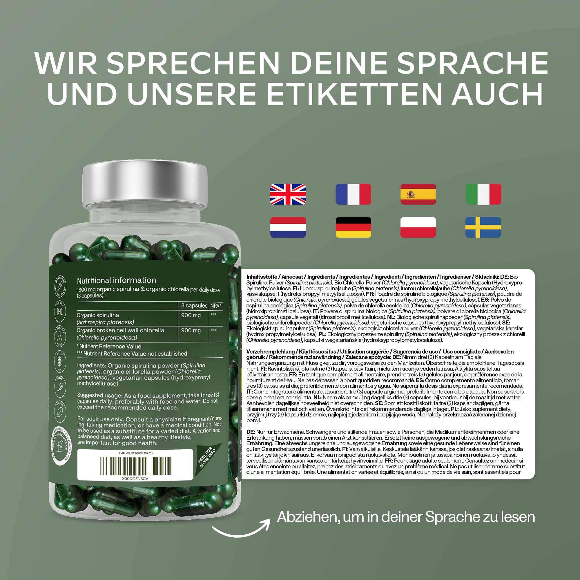 Flasche mit grünen Kapseln und mehrsprachigen Etiketten.