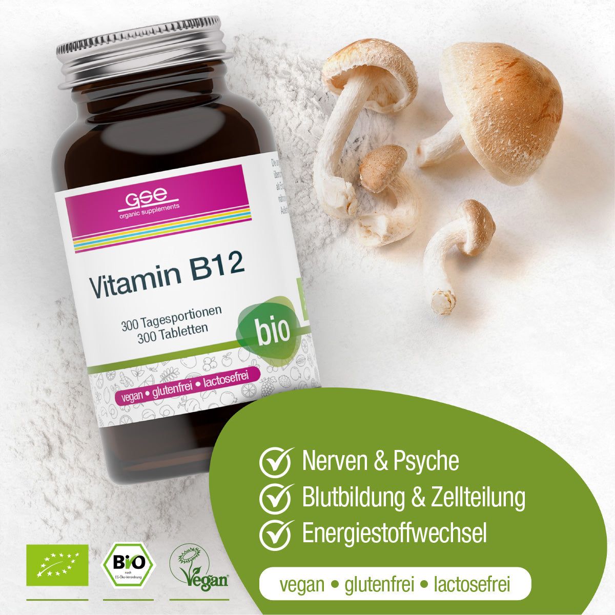 Braune Glasflasche mit GSE Vitamin B12 Compact. Aufschrift: Vitamin B12, bio, 300 Tabletten. Vegan, glutenfrei, laktosefrei. Pilze daneben.