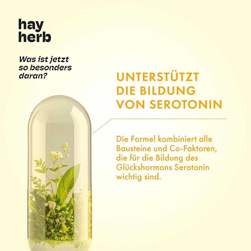 Gelber Hintergrund mit "hay herb" Logo und Text. Kapsel in einer Glasglocke mit Pflanzen. Text: Unterstützt die Bildung von Serotonin.