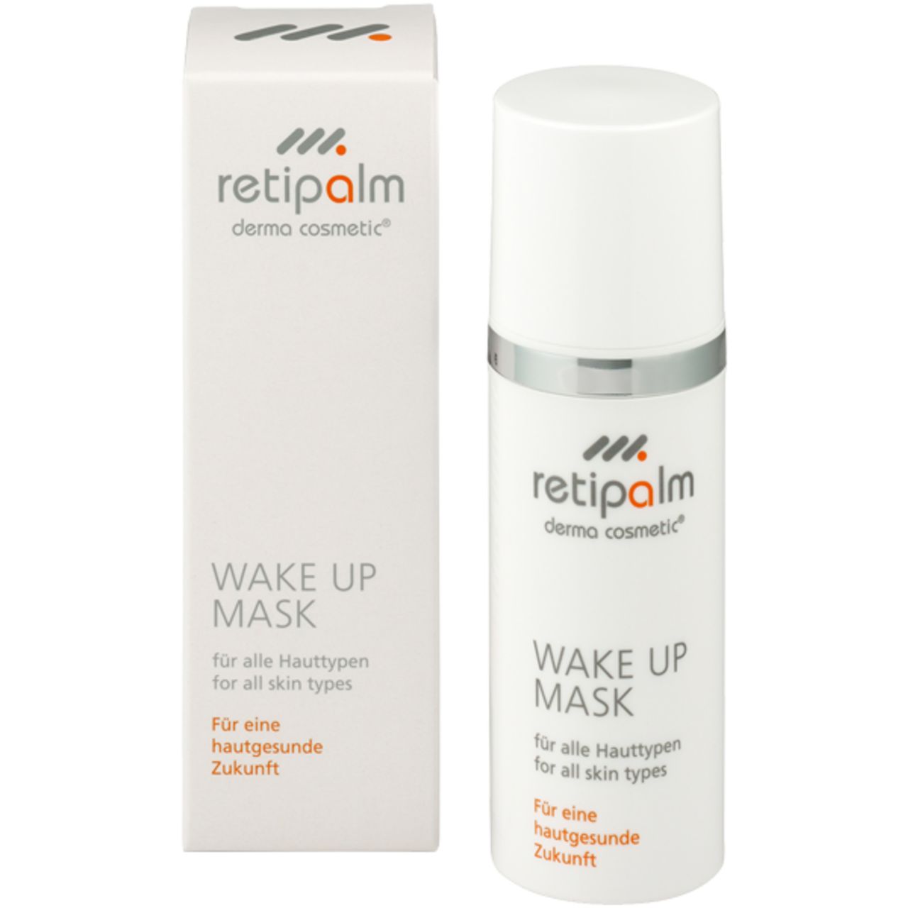 Weiße Verpackung und Flasche mit Aufschrift Retipalm Wake Up Mask. Für alle Hauttypen. Dermo cosmetic.