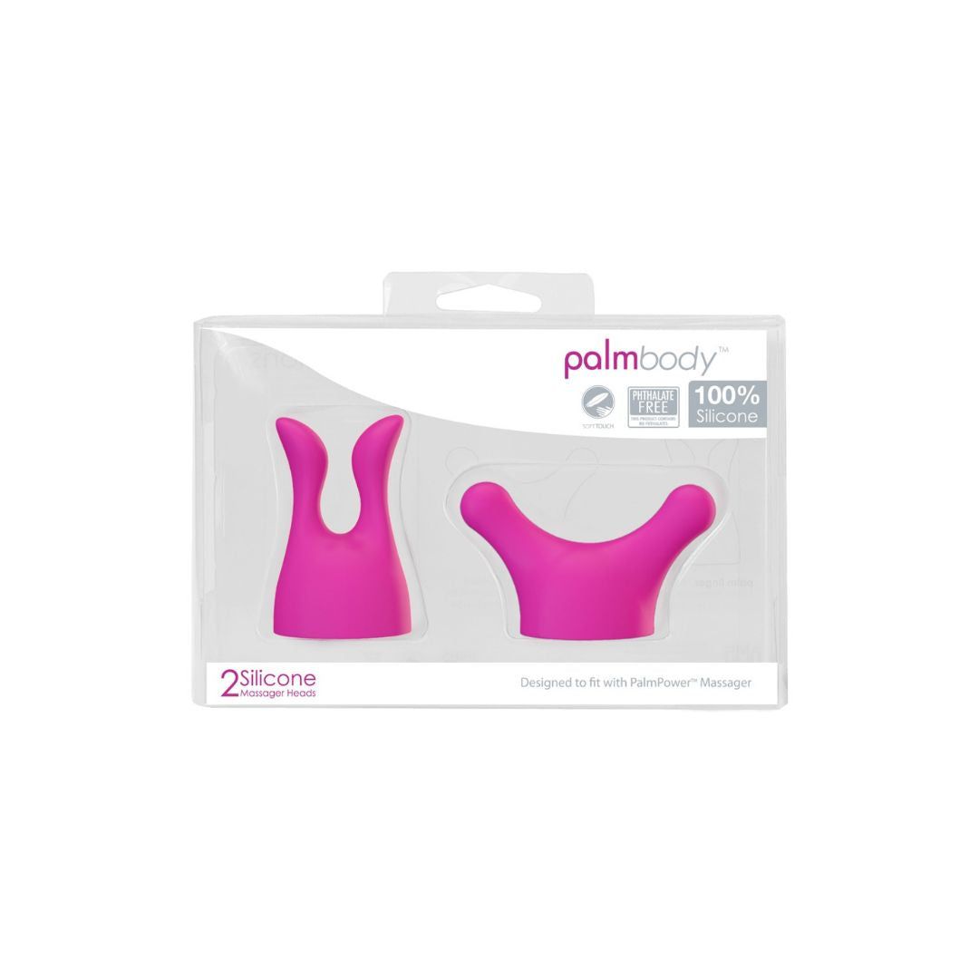 Transparente Verpackung mit zwei pinkfarbenen Aufsätzen. Aufschrift: palmbody, 100% Silicone, 2 Silicone Massage Heads.