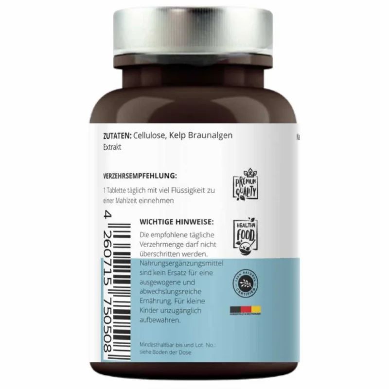 Rückseite einer braunen Flasche mit Zutatenliste und Verzehrempfehlung. Enthält Kelp-Braunalgen-Extrakt.