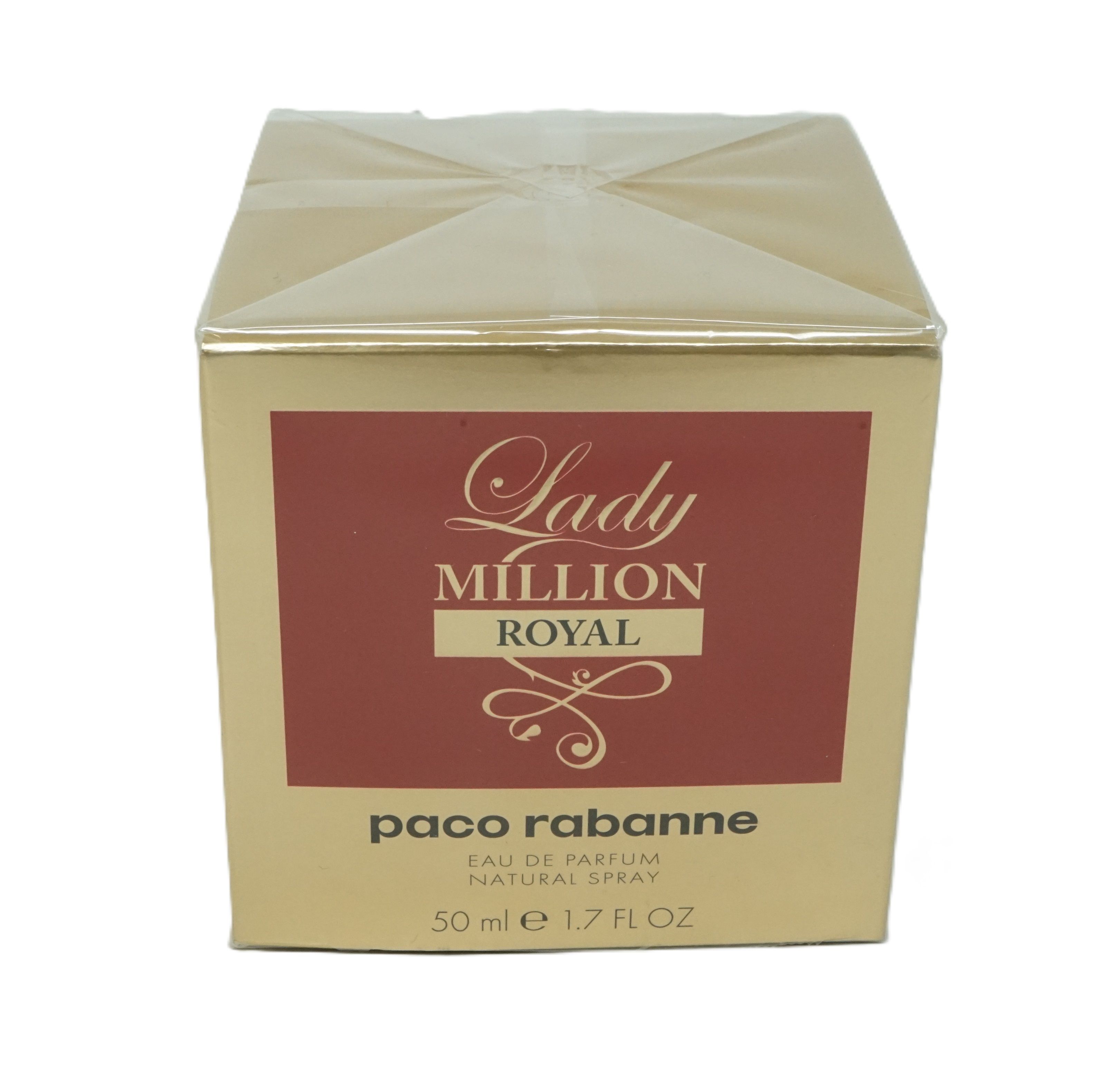 Goldfarbener Karton mit Aufschrift Lady Million Royal. Unten steht Paco Rabanne und 50 ml.