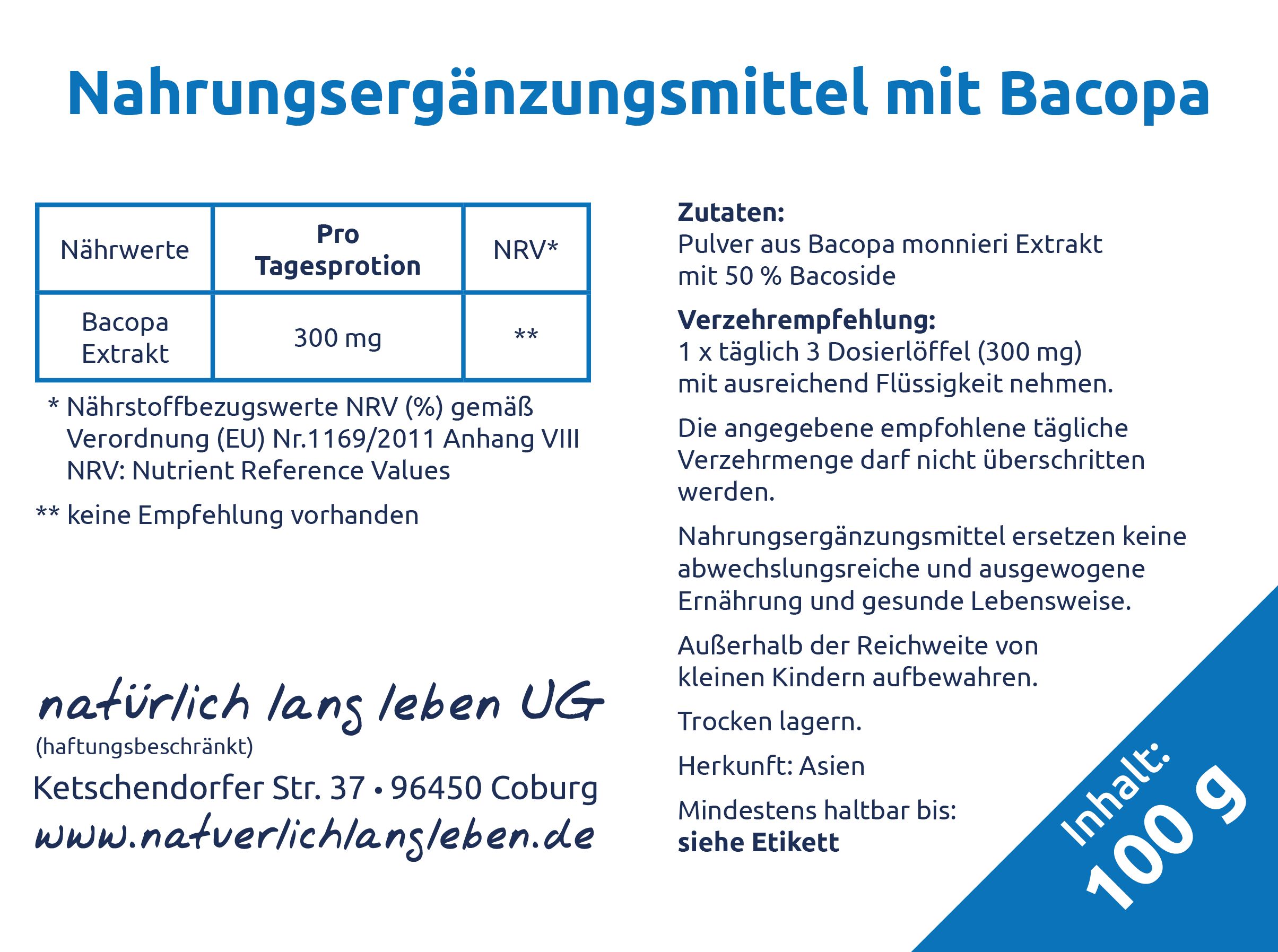 Etikett mit Informationen zu Nahrungsergänzungsmittel mit Bacopa. Enthält Nährwerte, Zutaten, Verzehrempfehlung, Herkunft und Haltbarkeit.