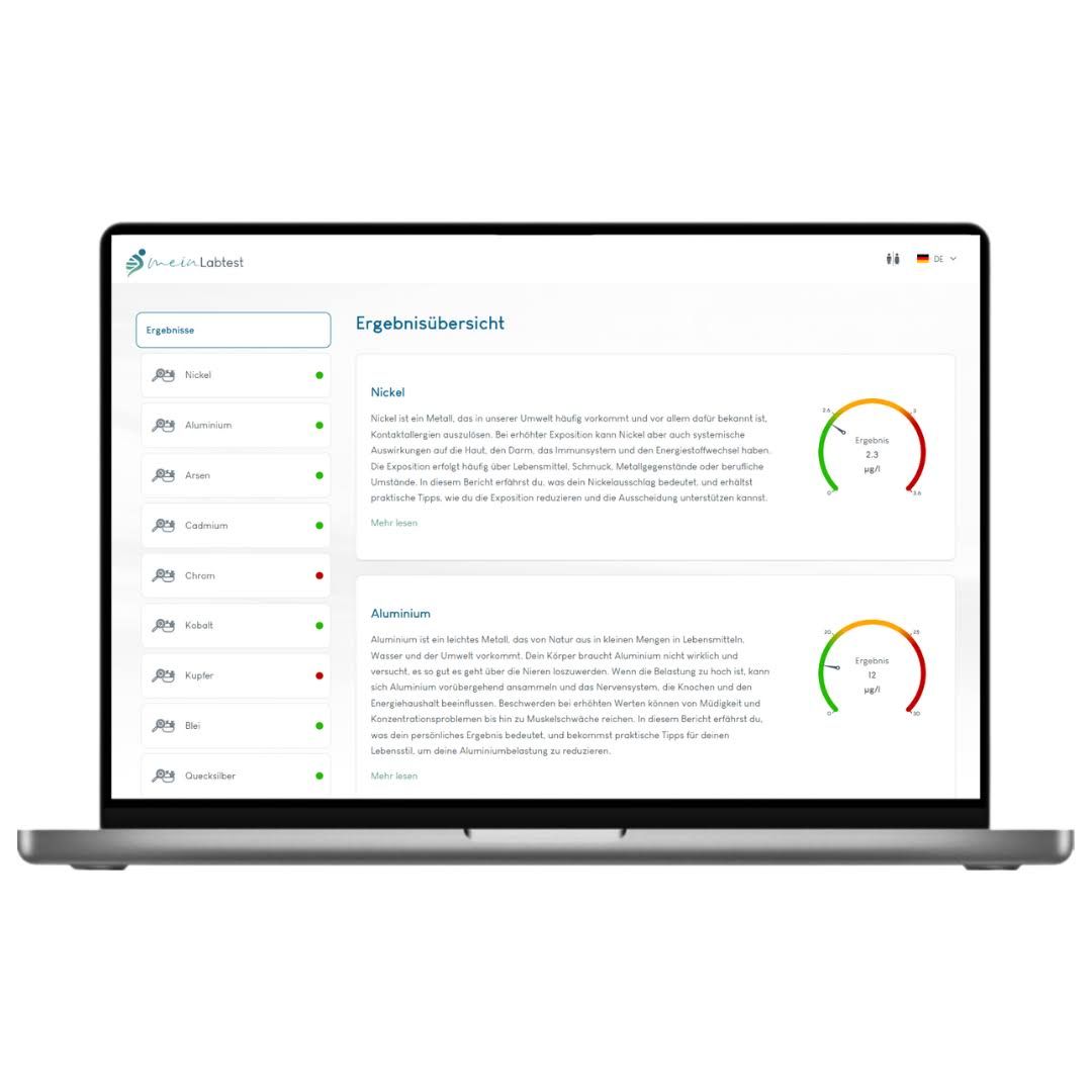 Laptop mit Testergebnissen. Diagramme und Text auf dem Bildschirm. Logo oben rechts.