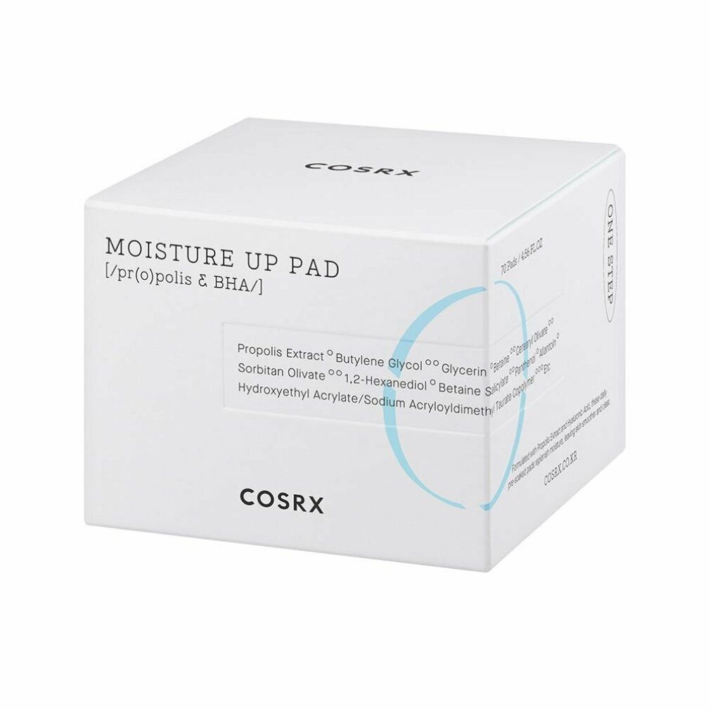 Weiße Produktverpackung mit 'MOISTURE UP PAD' und Inhaltsstoffliste. COSRX.