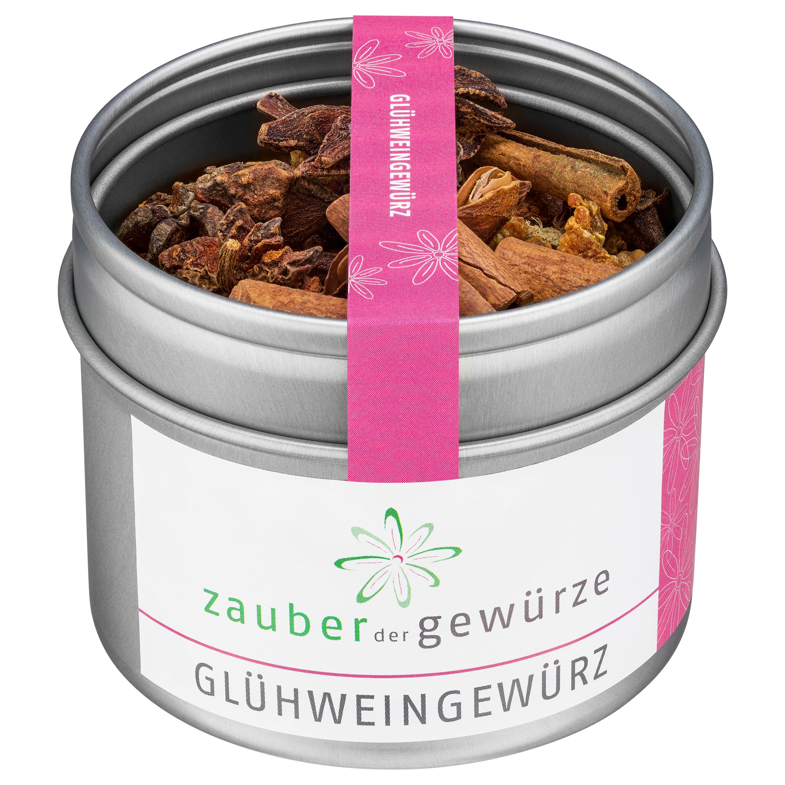 Metallbehälter mit Glühweingewürz. Rosa Etikett mit Produktnamen. Gewürze sichtbar.