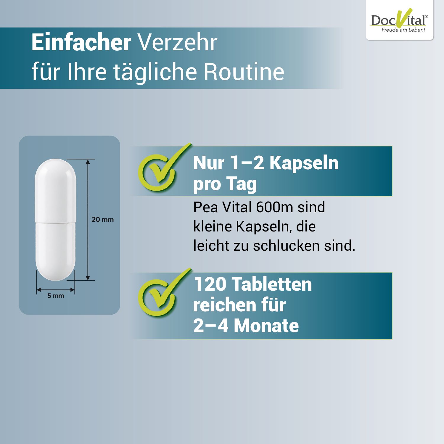 Eine einzelne weiße Kapsel mit Maßangaben (20mm x 5mm), neben Text über einfache tägliche Einnahme.