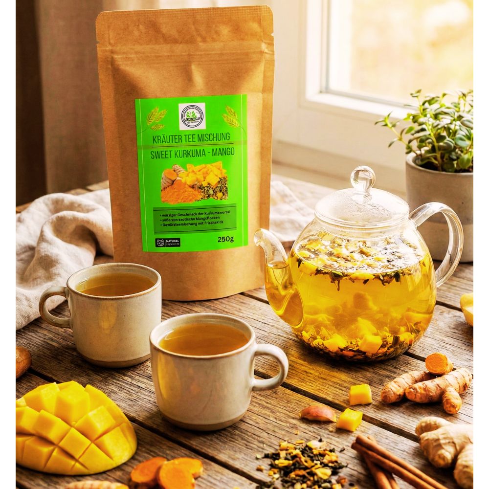 Teezubereitung mit Kräutertee Mischung Sweet Kurkuma Mango. Zwei Tassen, eine Teekanne und Zutaten auf einem Holztisch.