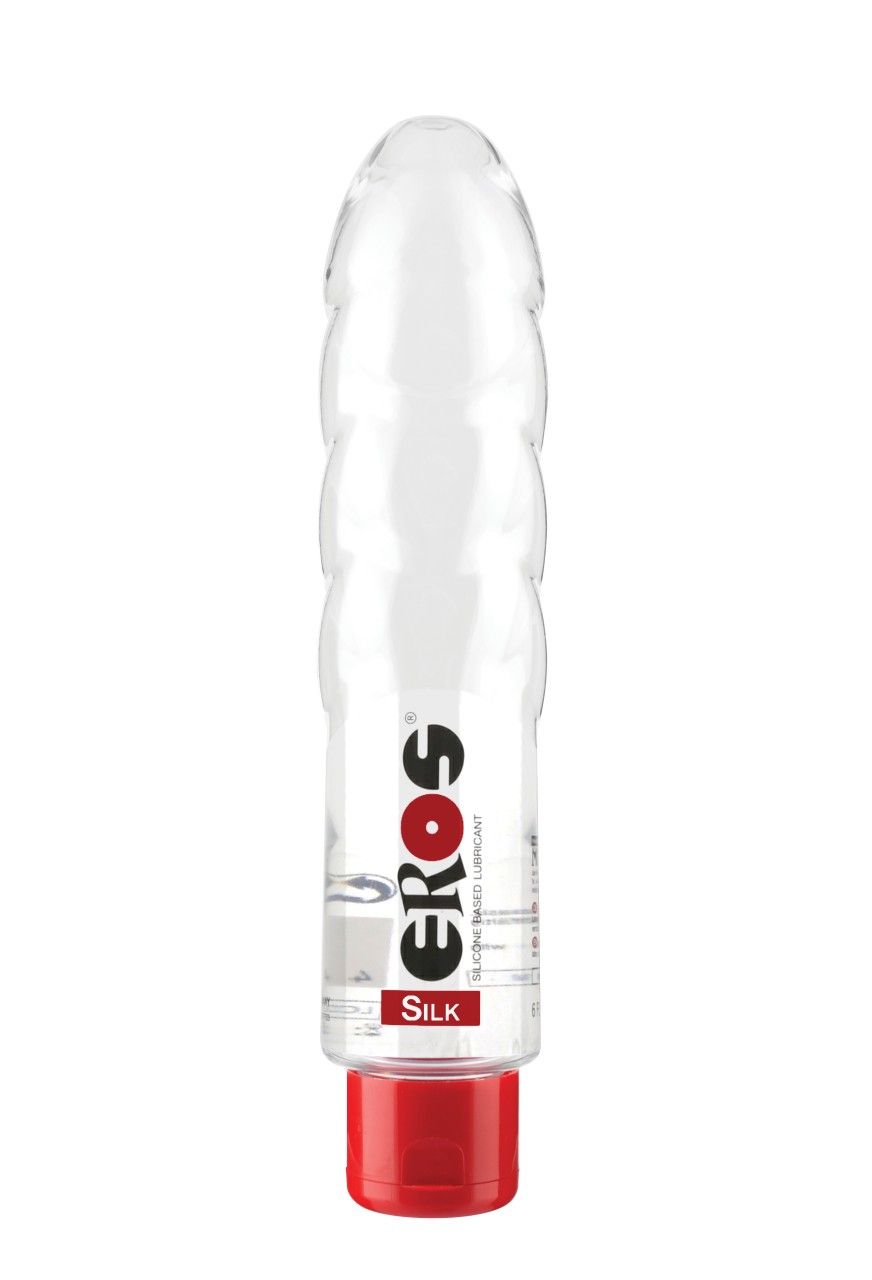 Transparente Flasche mit rotem Verschluss. Aufschrift "EROS" und "SILK".
