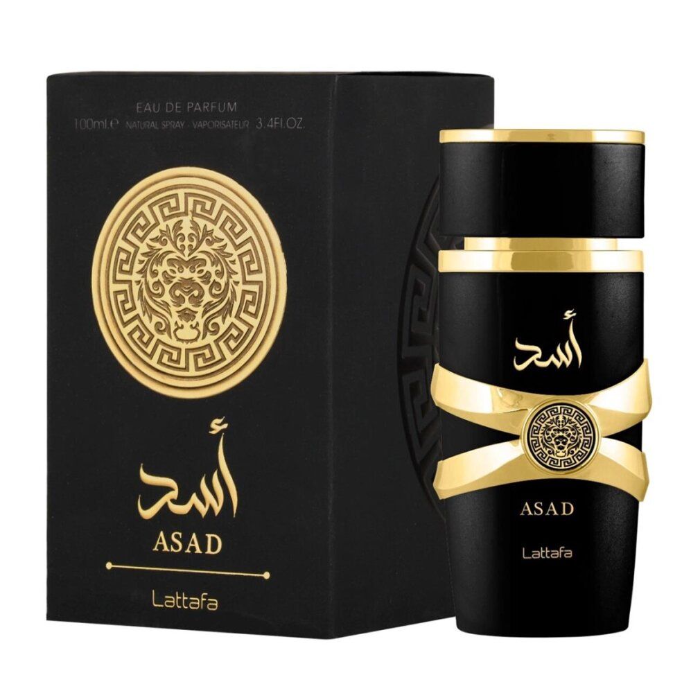 Schwarze Box und Flasche mit goldenen Akzenten. Aufschrift "ASAD" und "Lattafa".