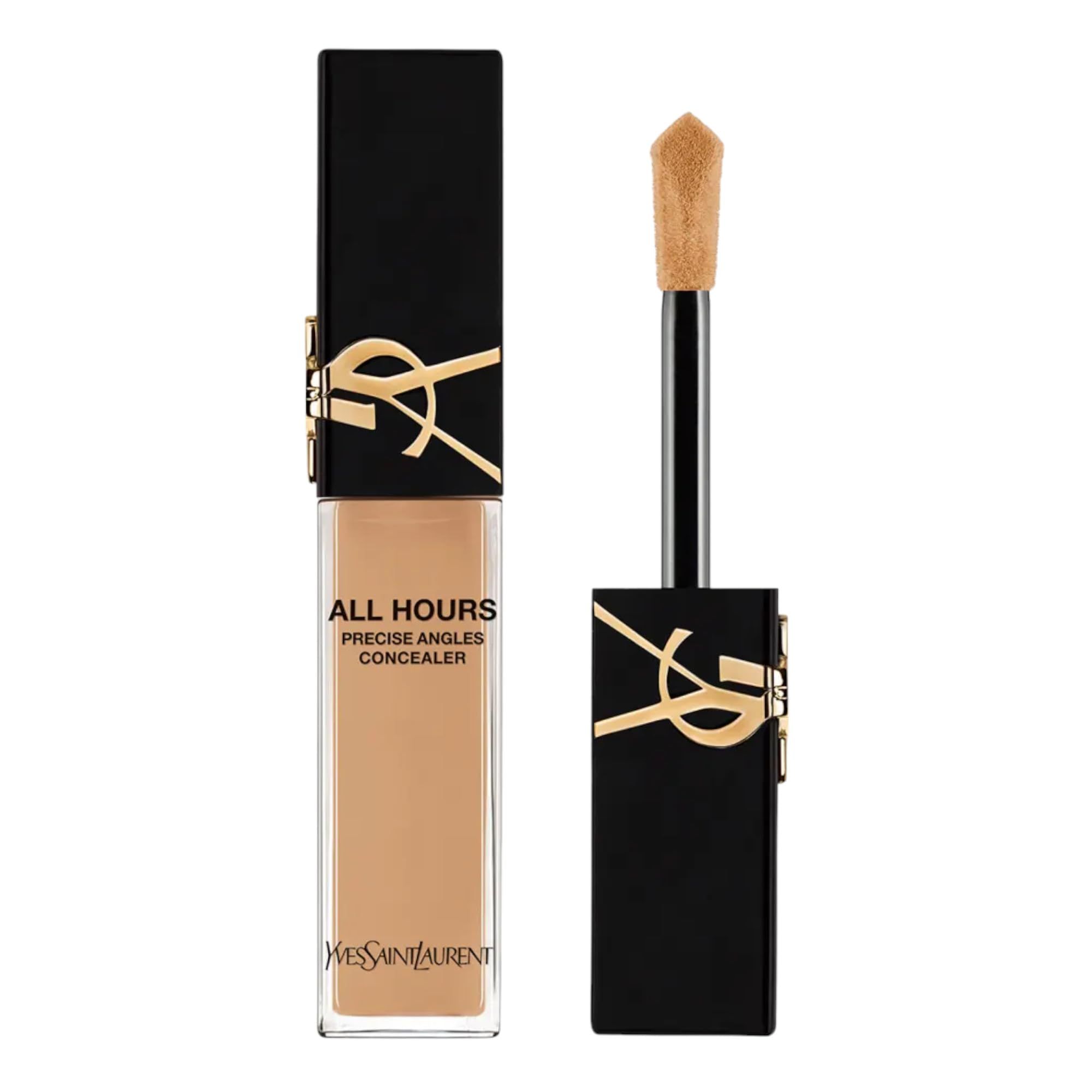 Concealer-Flakon mit schwarzem Deckel und goldenem Logo. Geöffnet, Applikator sichtbar. Produktname und Marke.