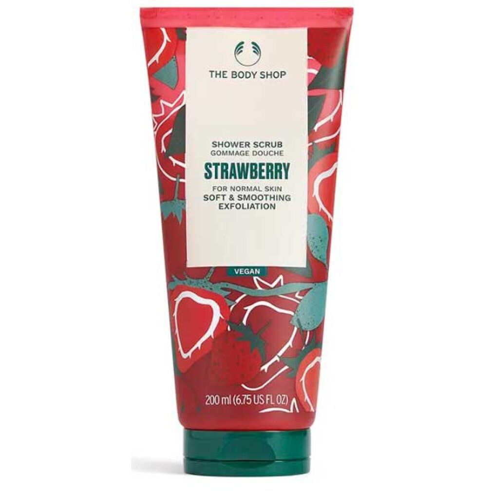 Rote Tube mit Erdbeer-Design. Text: "Shower Scrub", "Strawberry", "Vegan". Grüner Deckel. 200 ml.