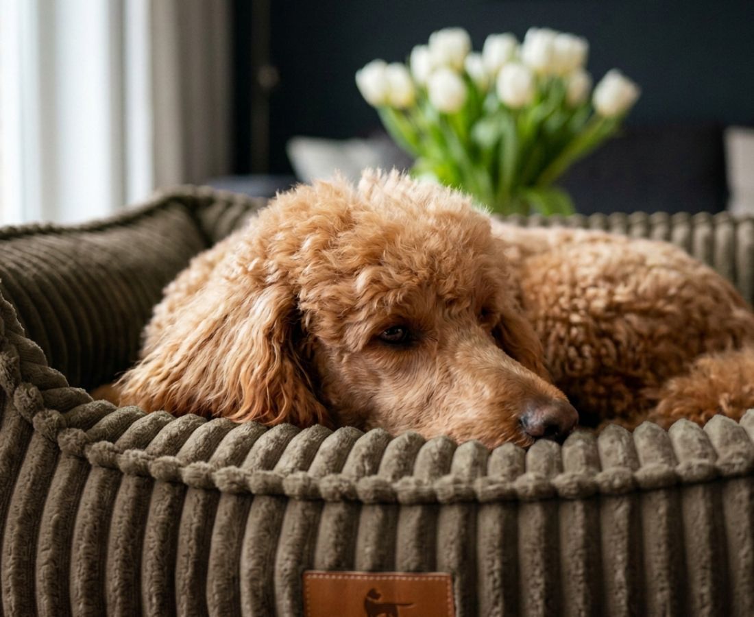 Pudel ruht sich auf einem braunen Cord-Hundebett aus.