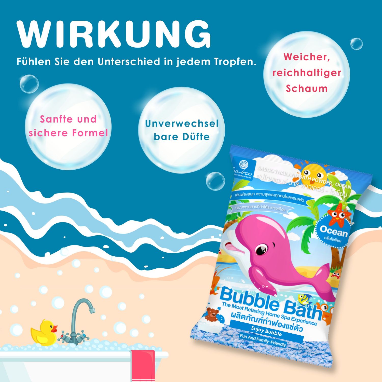 Produktverpackung mit rosa Wal. Text: Bubble Bath. Grafiken: Schaum, Badewanne, Ente. Marke: Saboo.