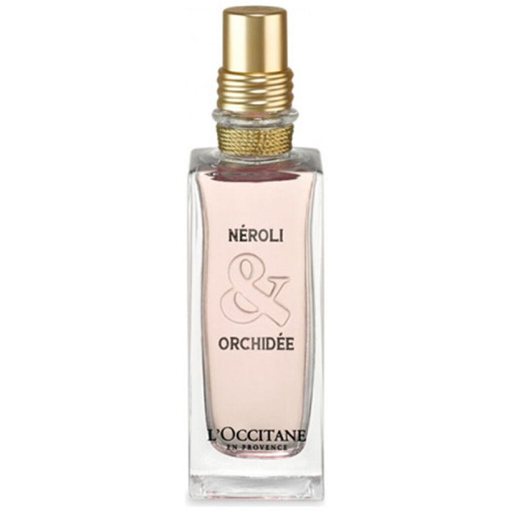 Parfümflakon mit goldfarbenem Verschluss. Aufschrift: NÉROLI & ORCHIDÉE. Marke: L'OCCITANE EN PROVENCE.