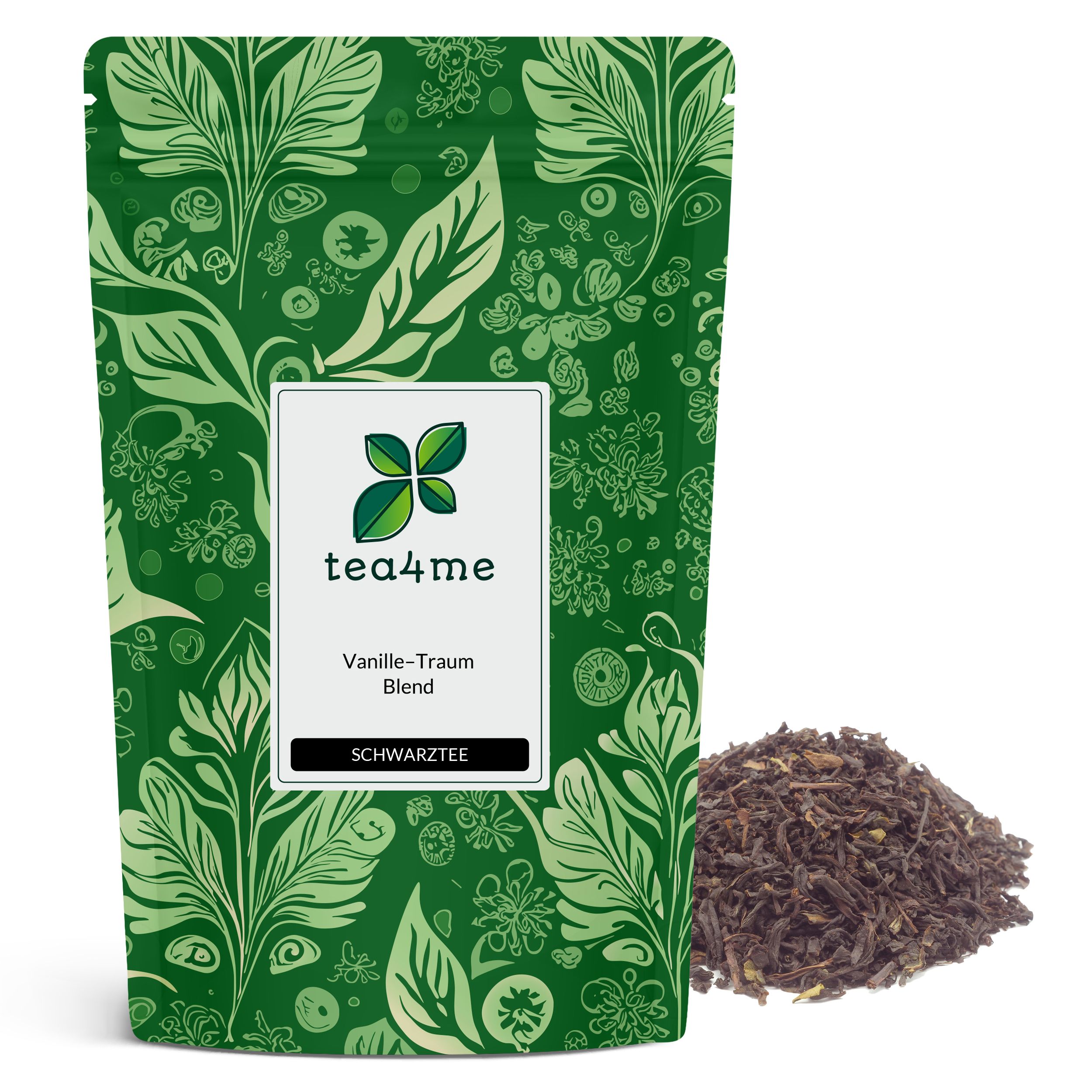 Grüner Beutel mit floralem Muster und Logo. Enthält losen Schwarztee mit Vanille-Geschmack. Text: tea4me, Vanille-Traum Blend, Schwarztee.