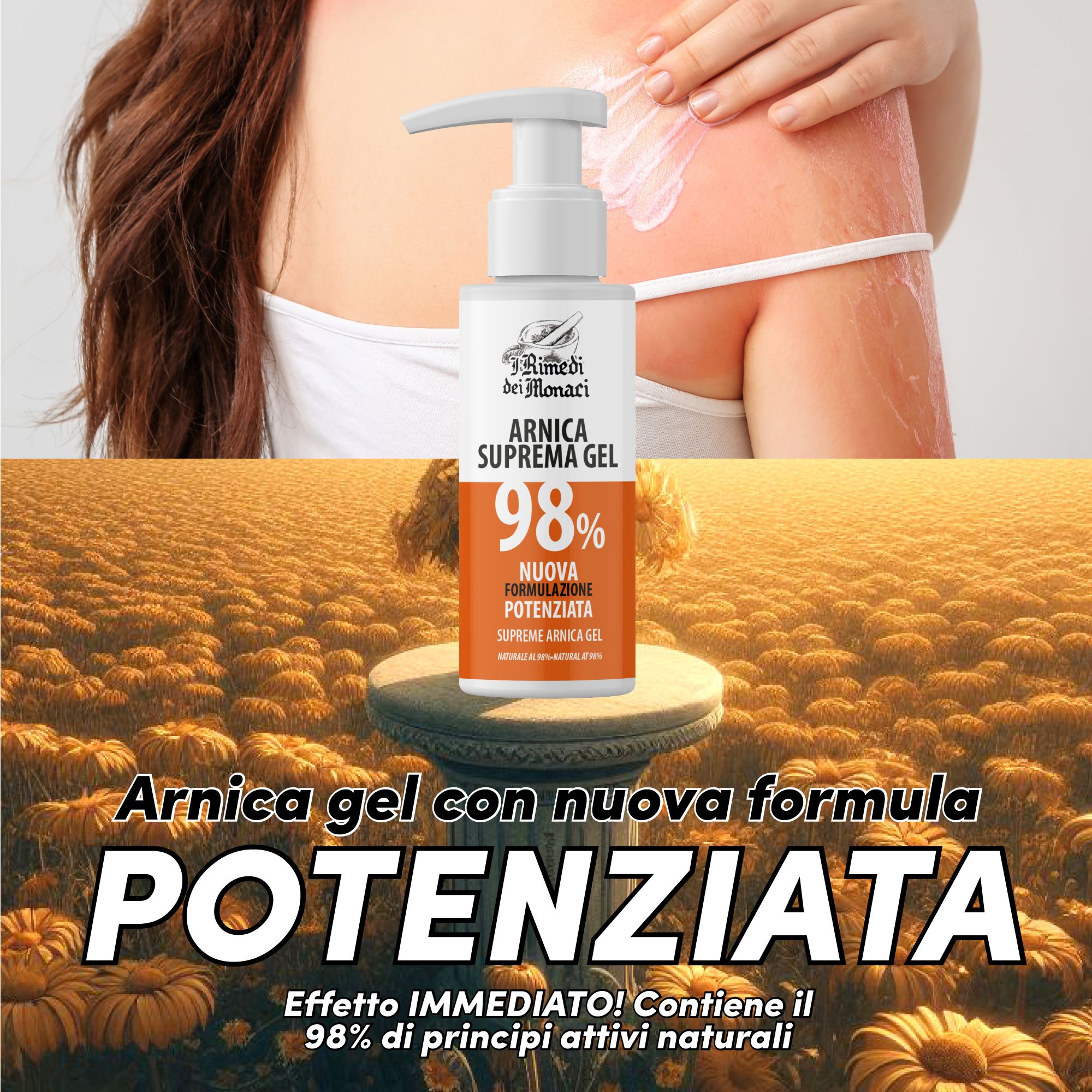 Arnica Supreme Gel, 98%. Weiße Flasche mit Dosierpumpe. Text: Arnica gel con nuova formula POTENZIATA. Enthält 98% natürliche Wirkstoffe.