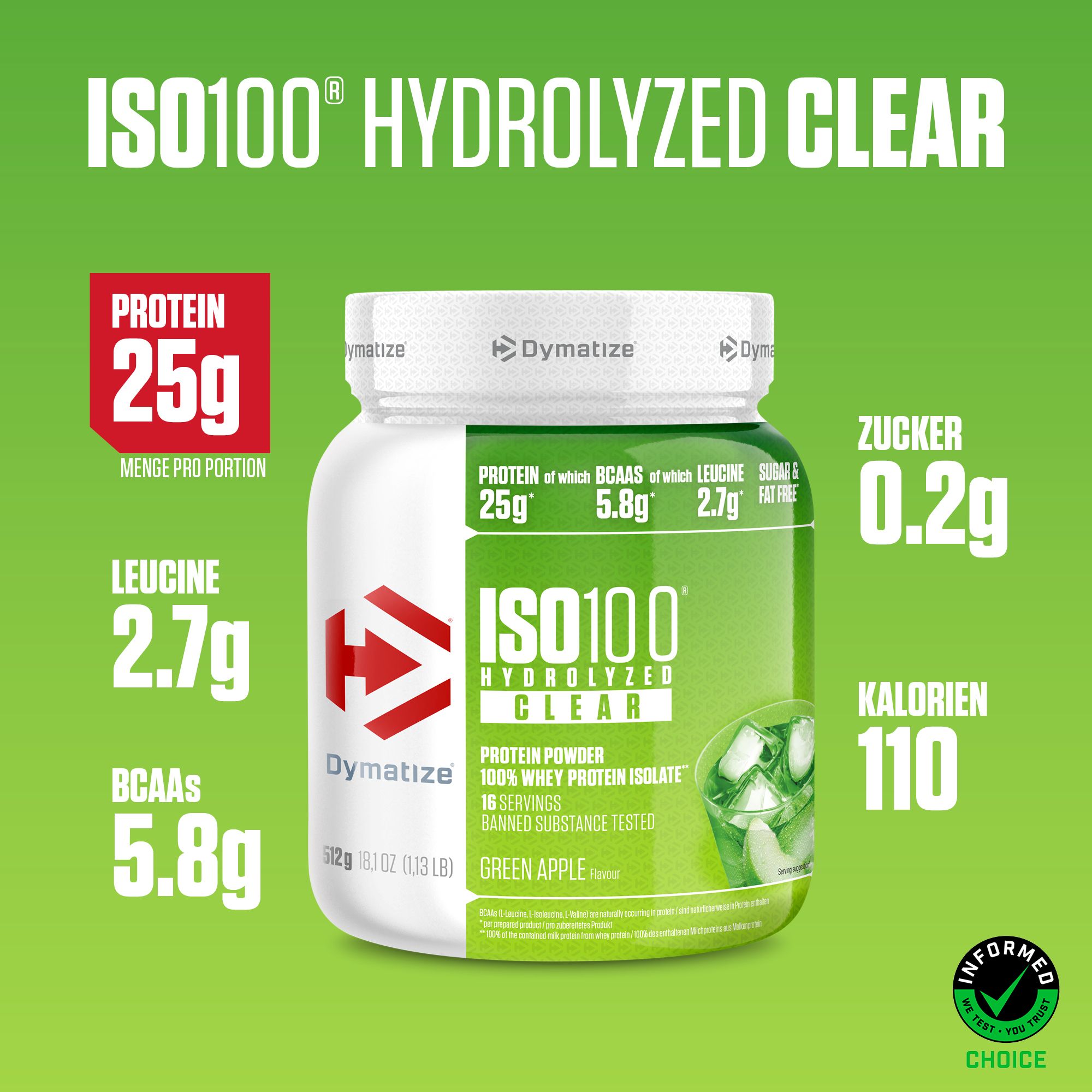 Dymatize ISO 100 Hydrolized Clear Green Apple. Weiße Dose mit grüner Beschriftung. Nährwertangaben und Logo.