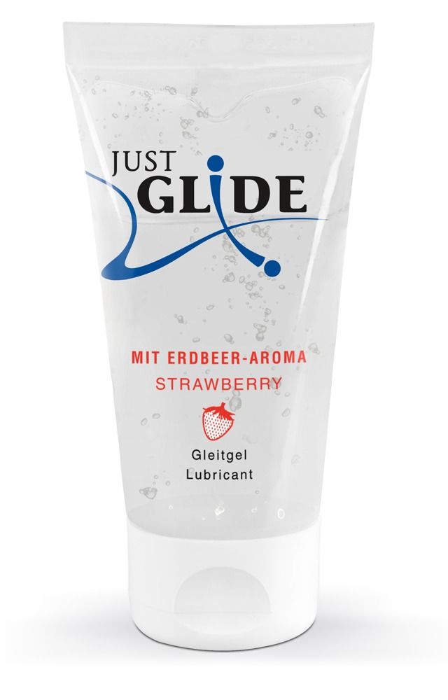 Gleitmittel-Tube. Produktname und Erdbeer-Aroma. Transparente Flüssigkeit. Weißer Verschluss.